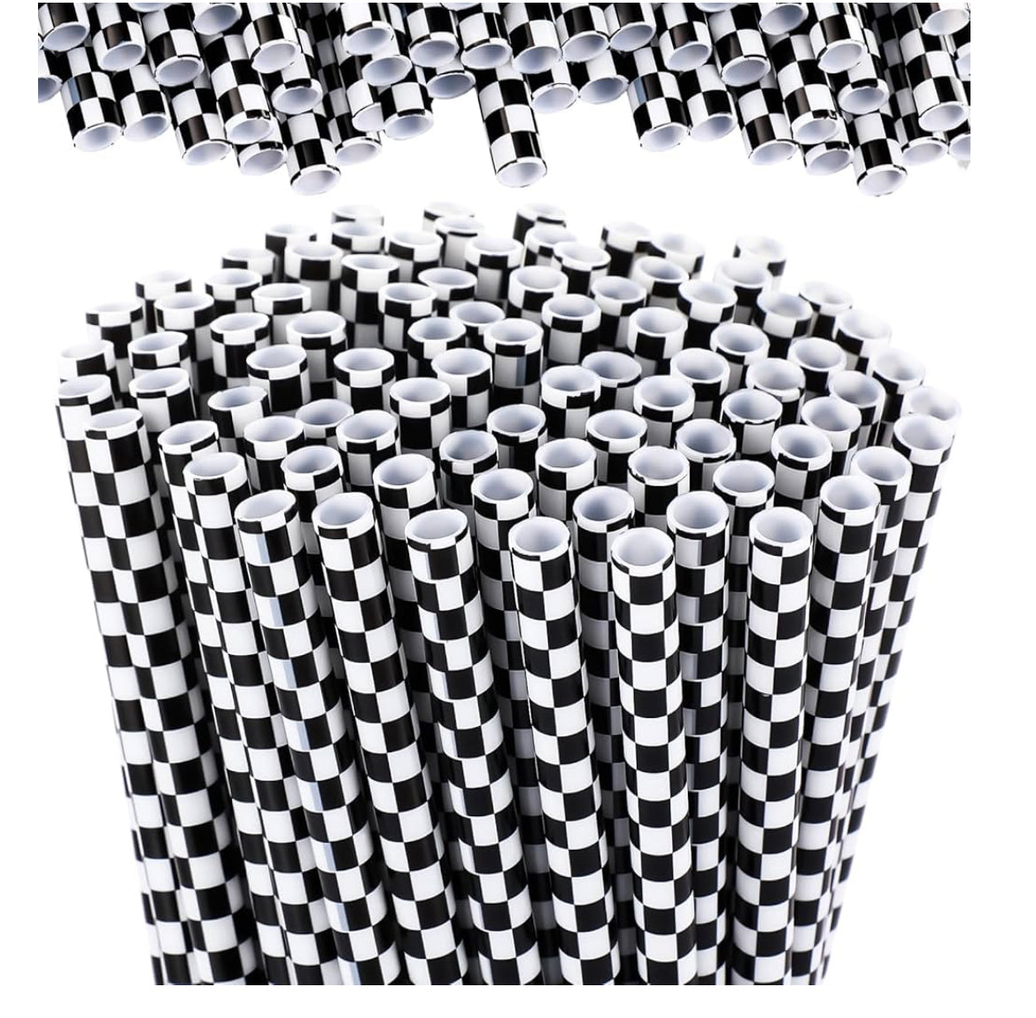 Black and White Checkered Straw Plastic Reusable