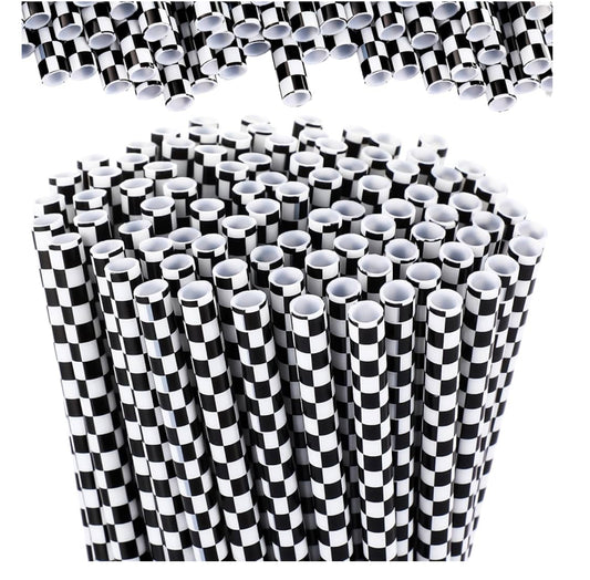 Black and White Checkered Straw Plastic Reusable